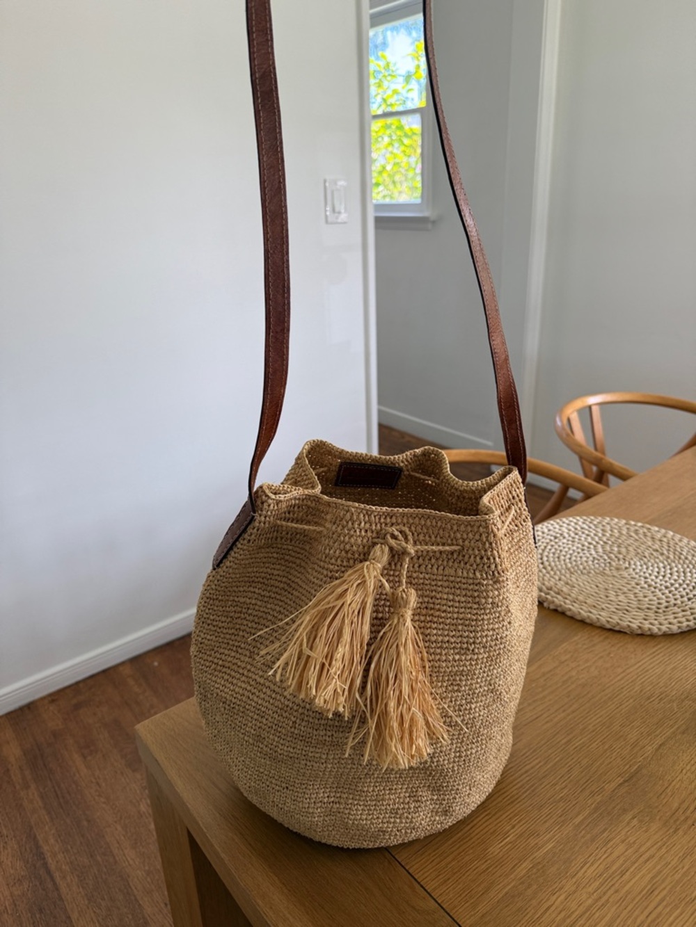 Woven Raffia Bucket Shoulder Bag in Natural Tan with Tassels - Picture 6 of 6